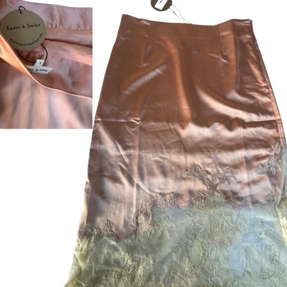 PEACHY PINK LACE SATIN MIDI SKIRT SIZE LARGE NWT AARON & AMBER - Picture 3 of 4